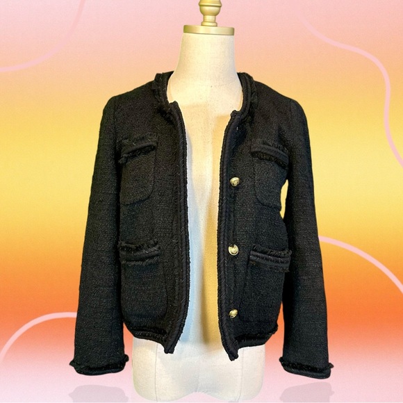 J. Crew Black Wool-Blend Tweed Gold Button-Front Patch Pocket Lady Jacket Size 0 - Picture 2 of 16
